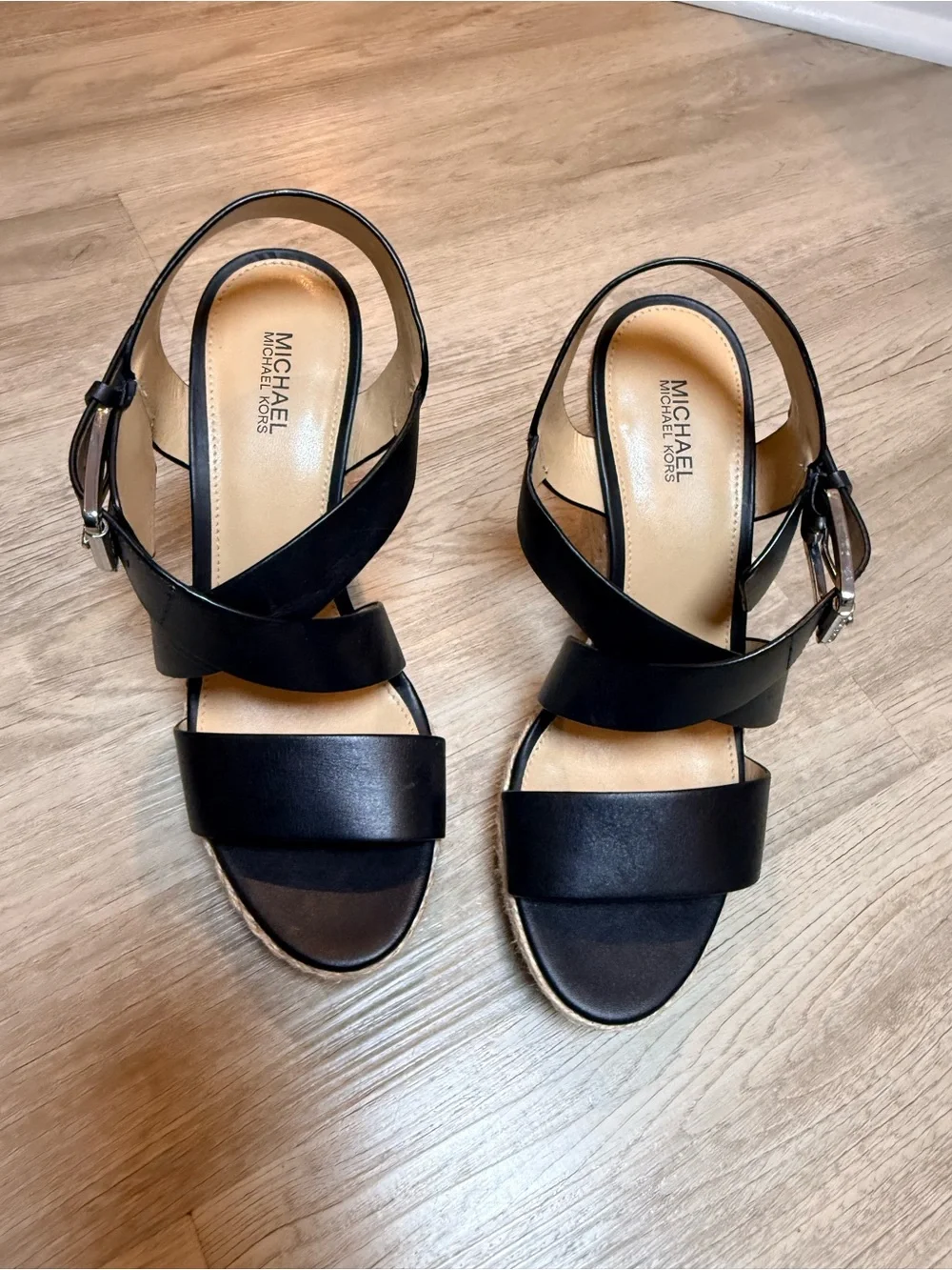 Michael Kors Black Leather Espadrille Platform Wedge Sandals Buckle 6.5
